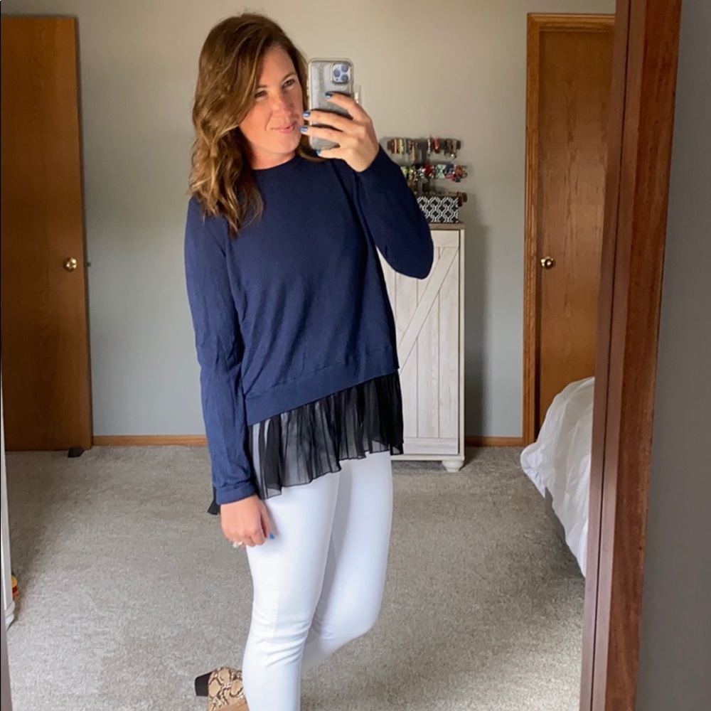 Chelsea28 Navy Blue Sweater with Pleated Hem